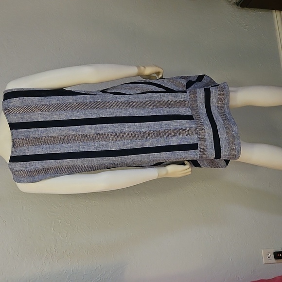 FOR CYNTHIA Blue Striped Linen Tweed Sleeveless Mod Tank Dress - Picture 8 of 11